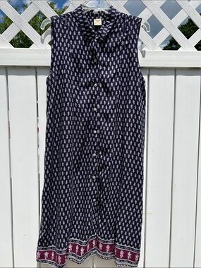 Faded Glory Navy Blue Sleeveless Button-Front Midi Dress with Burgundy Border